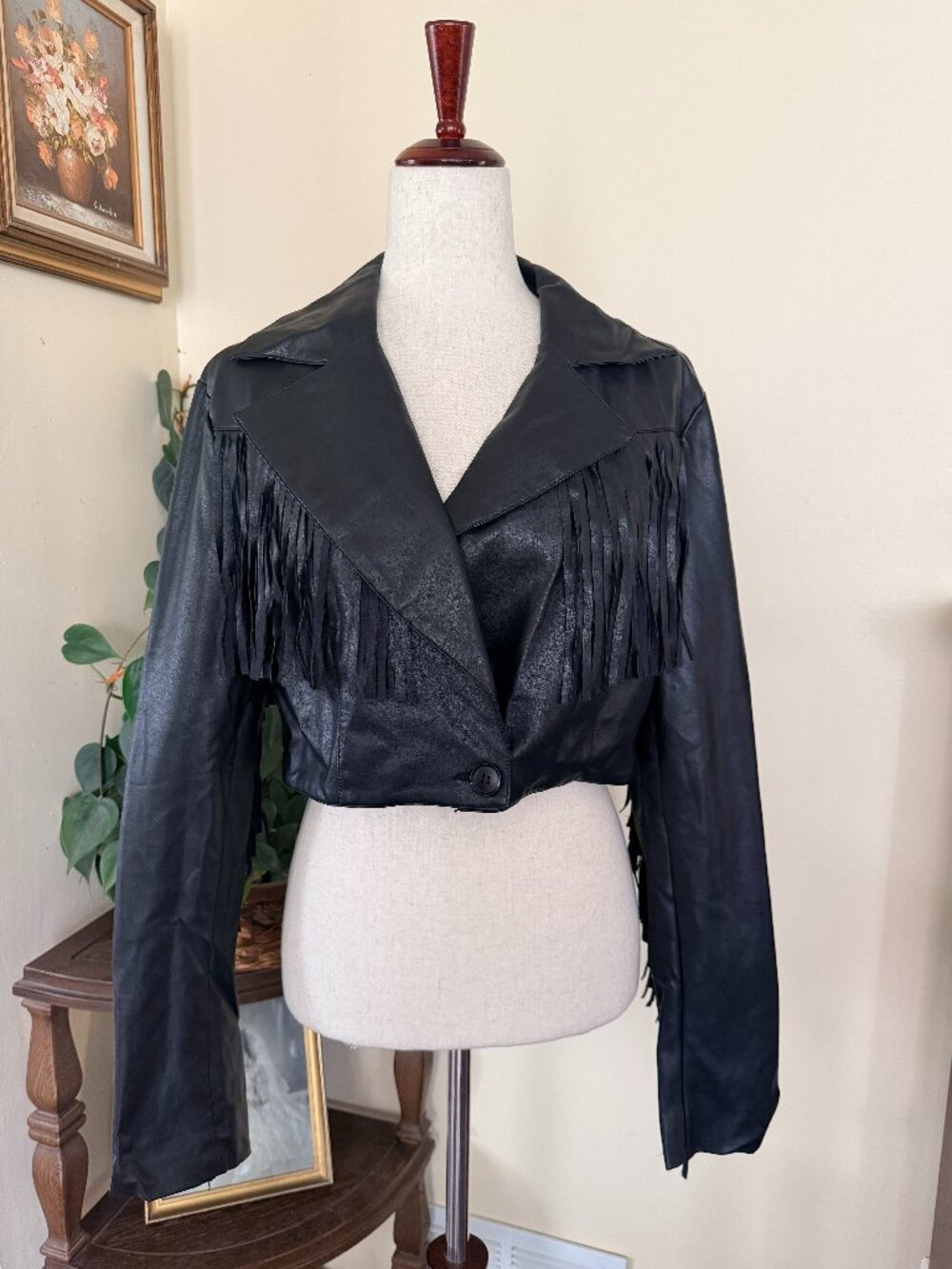 Nasty Gal Collection Black Fringe Cropped Faux Leather Jacket sz M